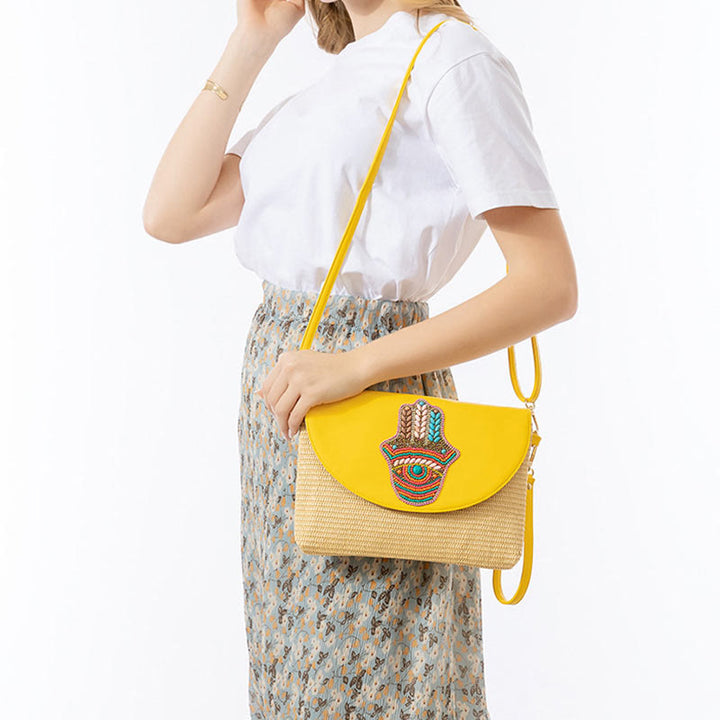 Borsa a tracolla in paglia intrecciata con fiore di elefante, borsa a tracolla, borsa a mano, Buddha Stones