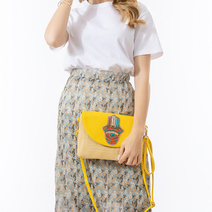 Borsa a tracolla in paglia intrecciata con fiore di elefante, borsa a tracolla, borsa a mano, Buddha Stones