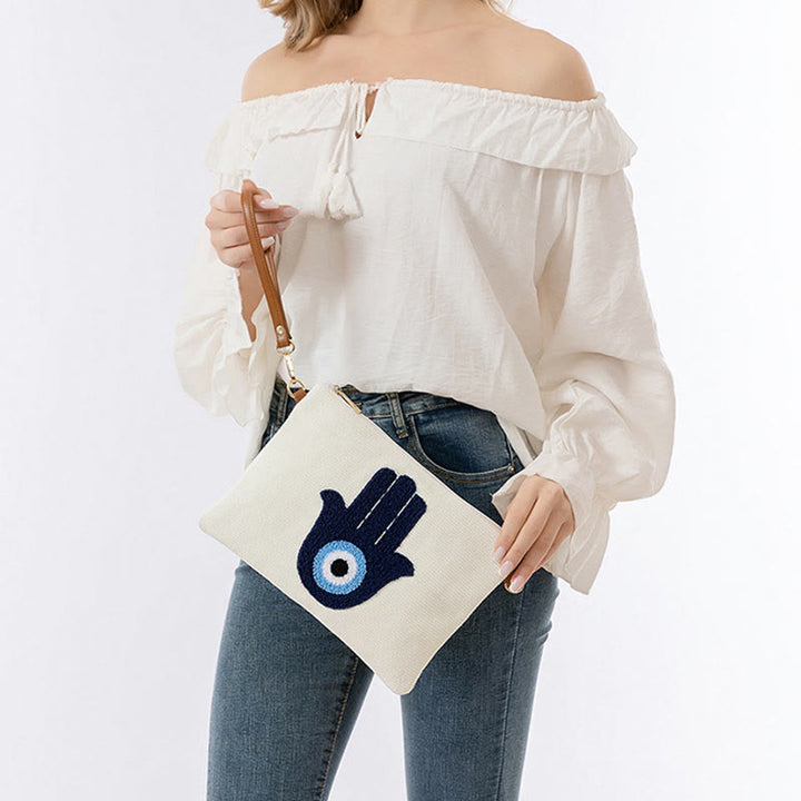 Borsa a tracolla in tela con foglia di Hamsa, con Buddha Stones e occhio maligno