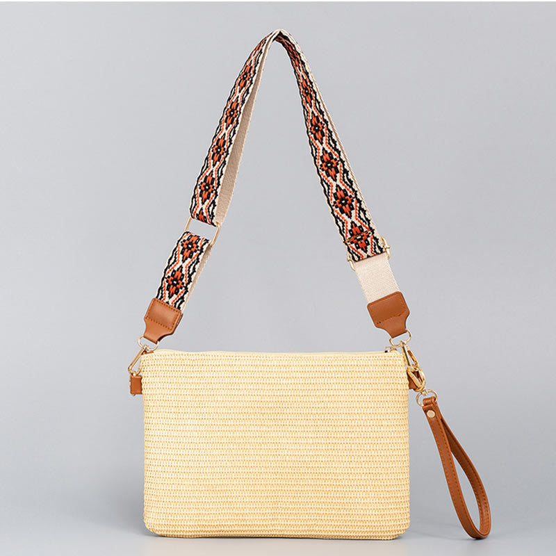 Borsa a tracolla in paglia intrecciata con geometria colorata, motivo Buddha Stones Boho