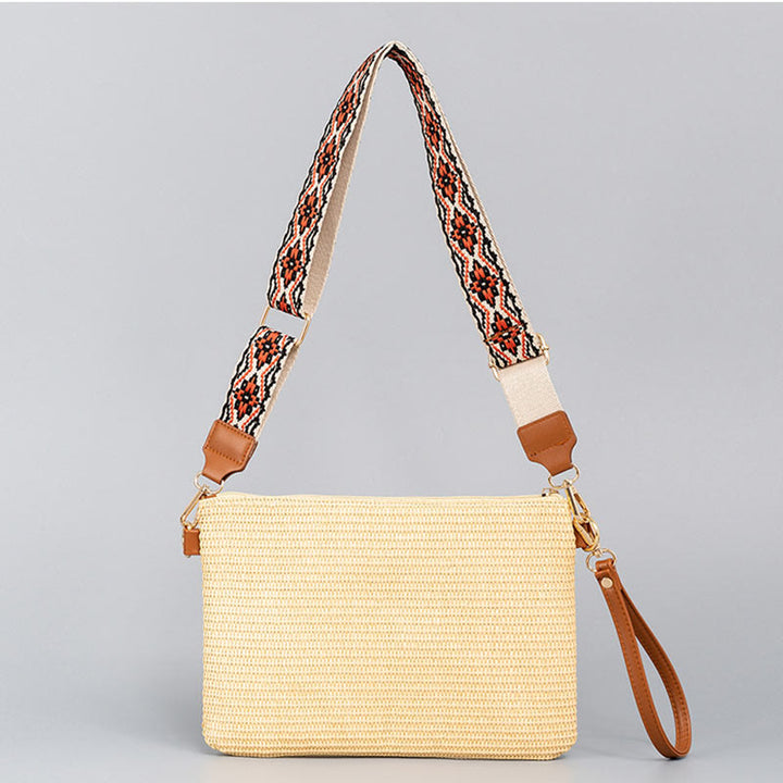 Borsa a tracolla in paglia intrecciata con geometria colorata, motivo Buddha Stones Boho