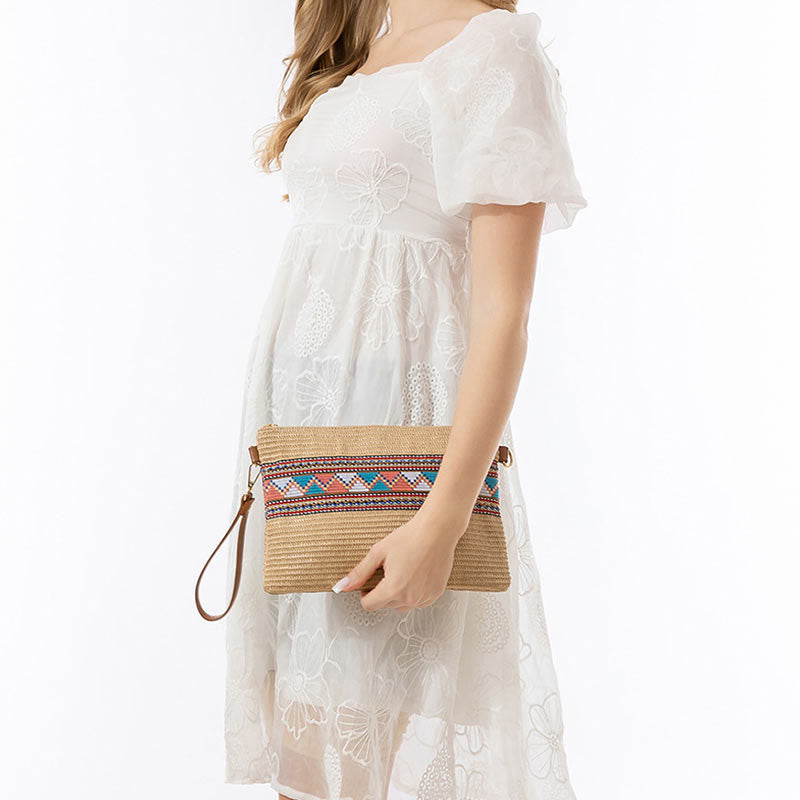 Borsa a tracolla in paglia intrecciata con geometria colorata, motivo Buddha Stones Boho