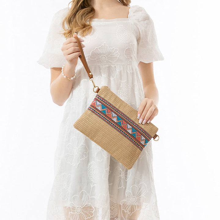 Borsa a tracolla in paglia intrecciata con geometria colorata, motivo Buddha Stones Boho