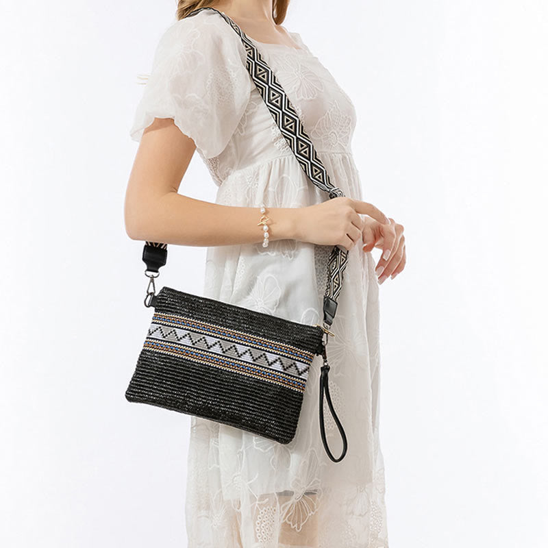 Borsa a tracolla in paglia intrecciata con geometria colorata, motivo Buddha Stones Boho