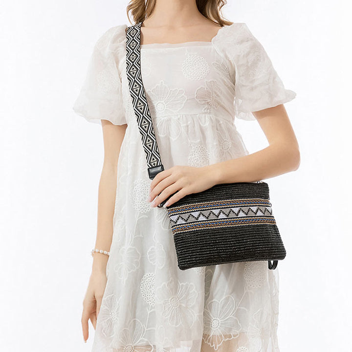 Borsa a tracolla in paglia intrecciata con geometria colorata, motivo Buddha Stones Boho