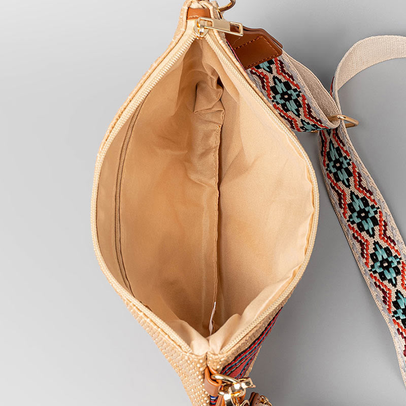 Borsa a tracolla in paglia intrecciata con geometria colorata, motivo Buddha Stones Boho
