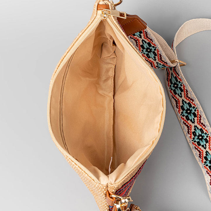 Borsa a tracolla in paglia intrecciata con geometria colorata, motivo Buddha Stones Boho