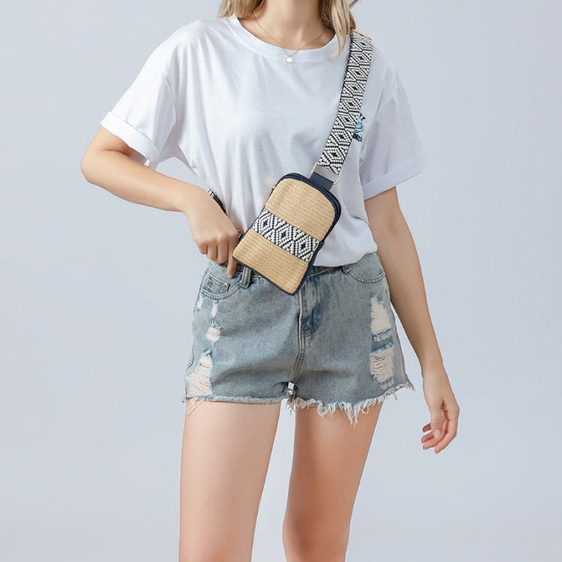 Borsa a tracolla in paglia intrecciata con piccola geometria Buddha Stones