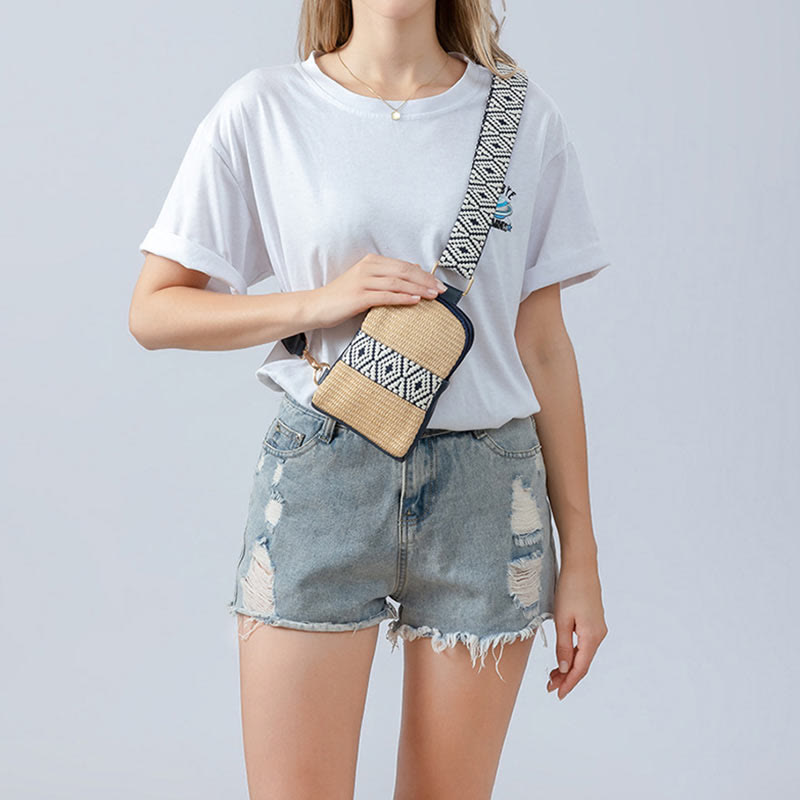 Borsa a tracolla in paglia intrecciata con piccola geometria Buddha Stones