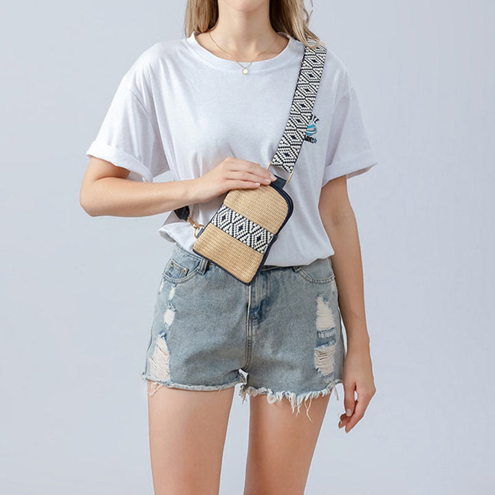 Borsa a tracolla in paglia intrecciata con piccola geometria Buddha Stones