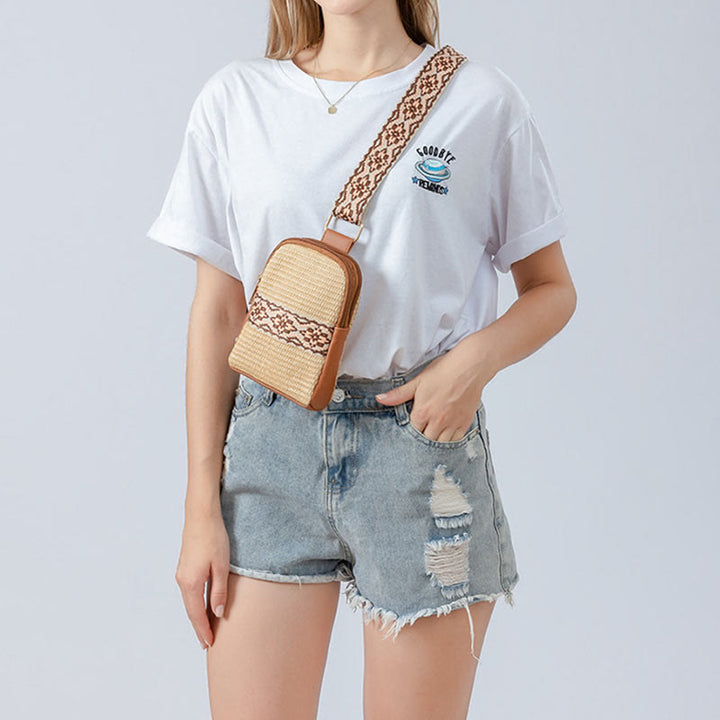 Borsa a tracolla in paglia intrecciata con piccola geometria Buddha Stones