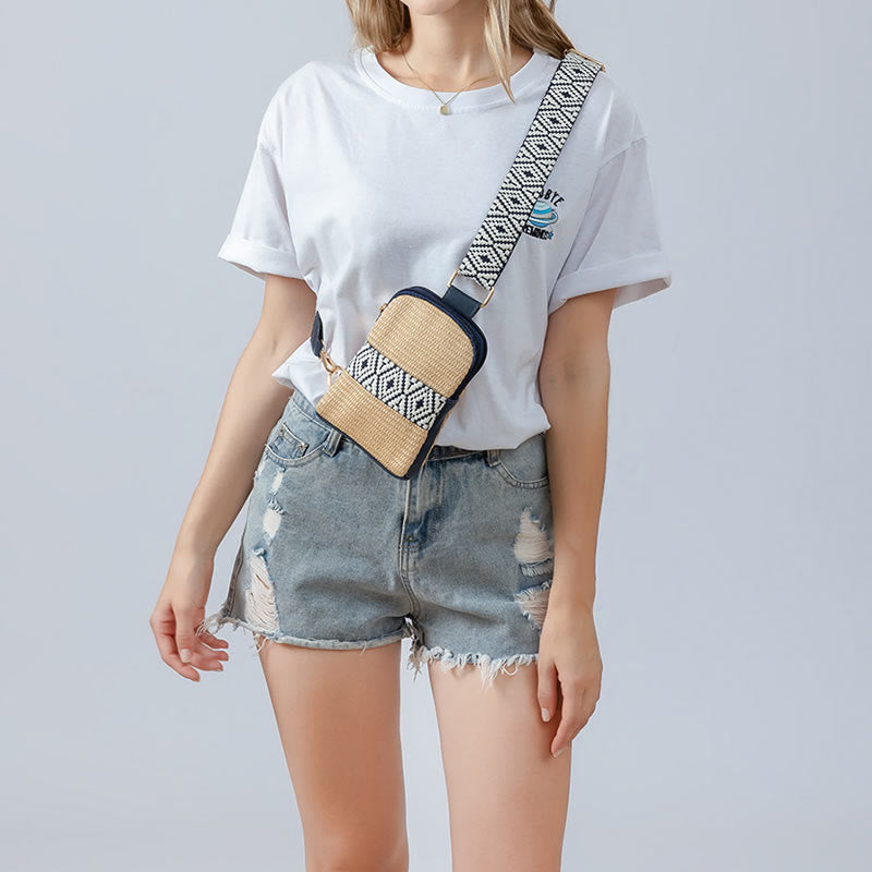 Borsa a tracolla in paglia intrecciata con piccola geometria Buddha Stones