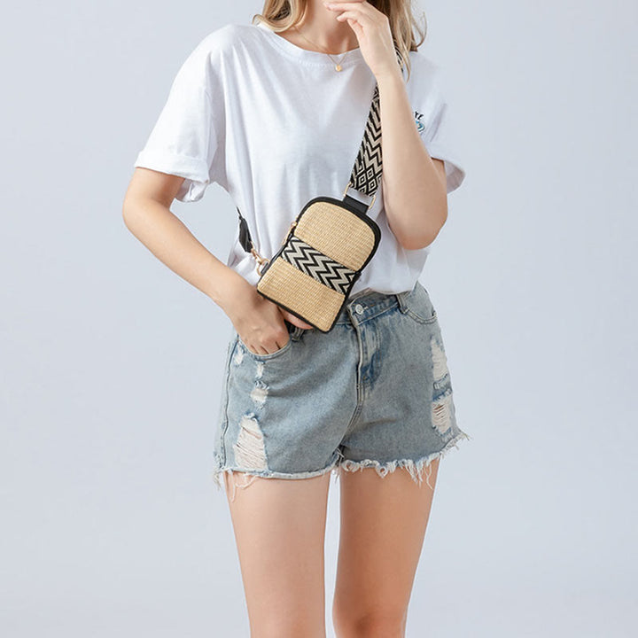 Borsa a tracolla in paglia intrecciata con piccola geometria Buddha Stones