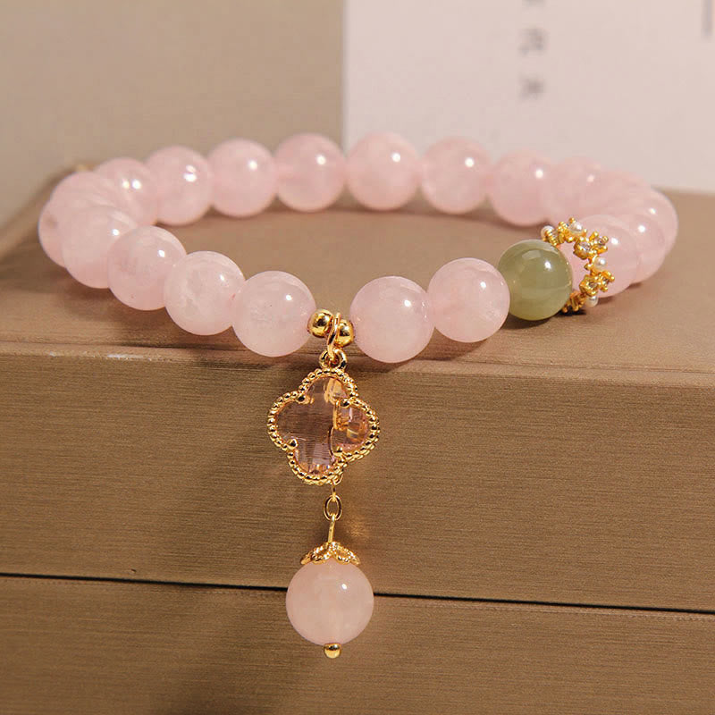 Braccialetto rilassante con quadrifoglio a quattro foglie in cristallo rosa naturale Buddha Stones
