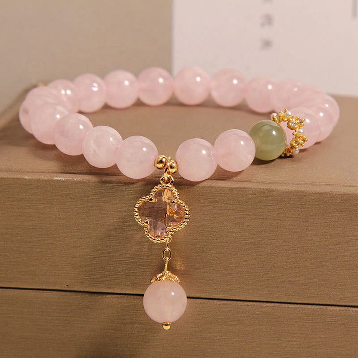 Braccialetto rilassante con quadrifoglio a quattro foglie in cristallo rosa naturale Buddha Stones