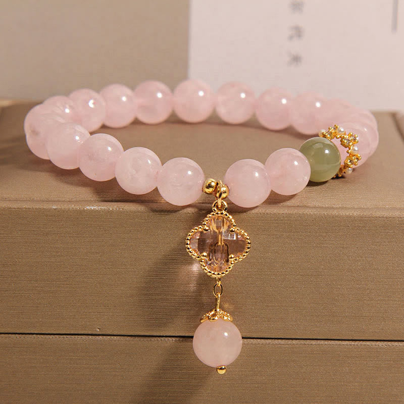 Braccialetto rilassante con quadrifoglio a quattro foglie in cristallo rosa naturale Buddha Stones