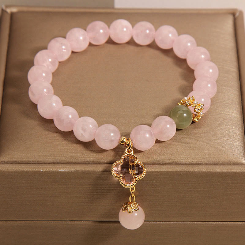 Braccialetto rilassante con quadrifoglio a quattro foglie in cristallo rosa naturale Buddha Stones