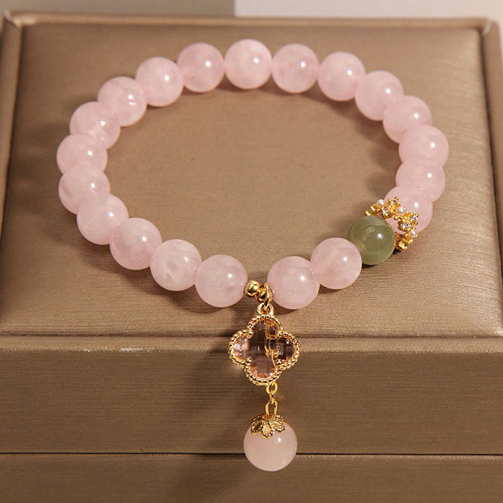 Braccialetto rilassante con quadrifoglio a quattro foglie in cristallo rosa naturale Buddha Stones