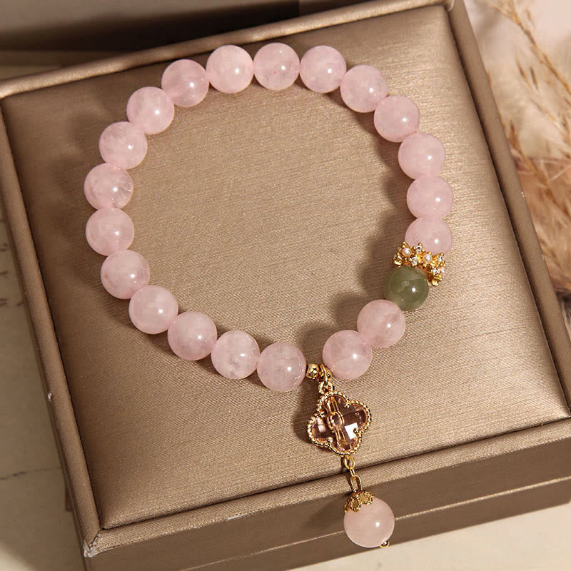 Braccialetto rilassante con quadrifoglio a quattro foglie in cristallo rosa naturale Buddha Stones