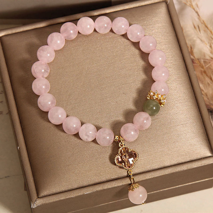 Braccialetto rilassante con quadrifoglio a quattro foglie in cristallo rosa naturale Buddha Stones