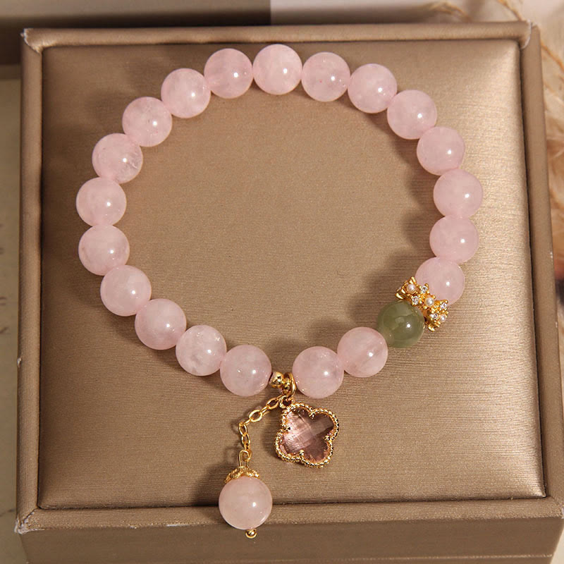Braccialetto rilassante con quadrifoglio a quattro foglie in cristallo rosa naturale Buddha Stones
