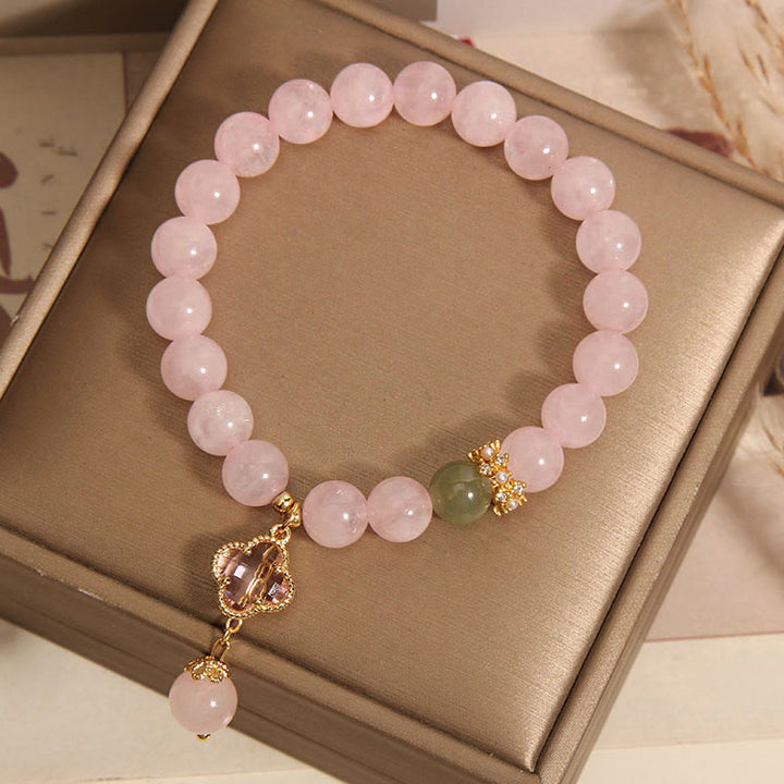 Braccialetto rilassante con quadrifoglio a quattro foglie in cristallo rosa naturale Buddha Stones