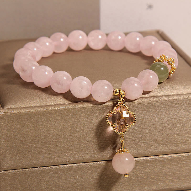 Braccialetto rilassante con quadrifoglio a quattro foglie in cristallo rosa naturale Buddha Stones