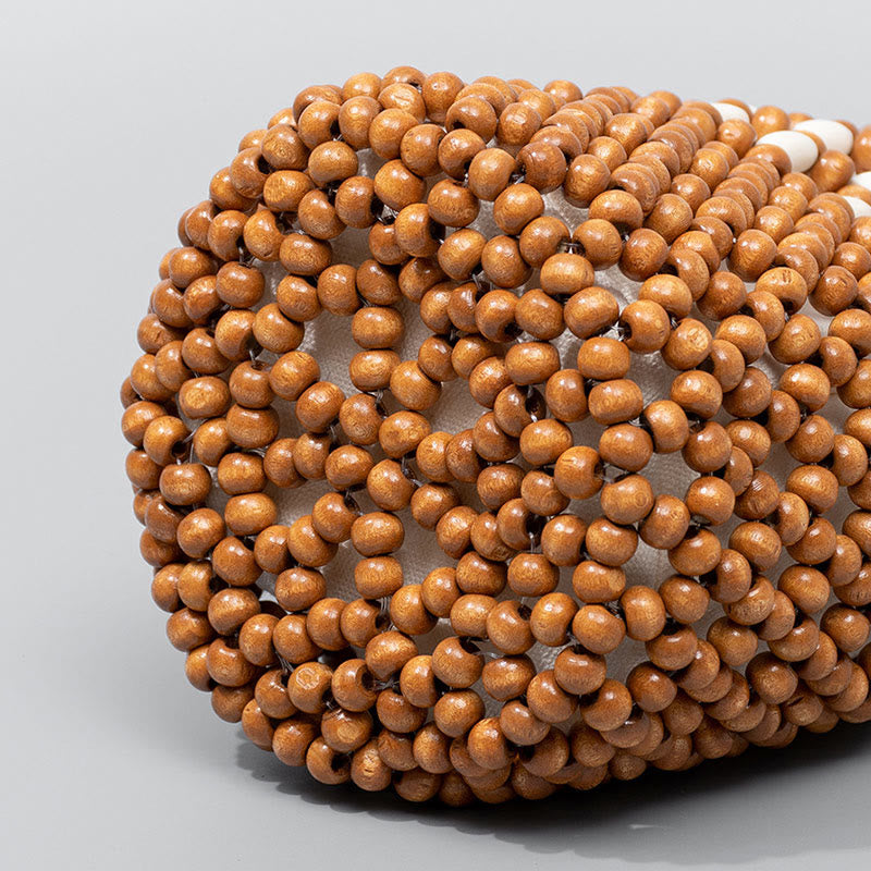 Buddha Stones Secchiello intrecciato a mano Perline di legno portatili Borsa a mano