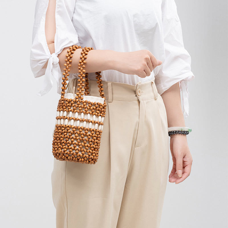 Buddha Stones Secchiello intrecciato a mano Perline di legno portatili Borsa a mano