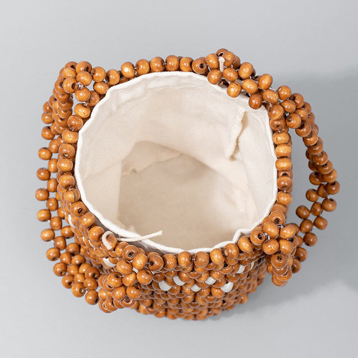 Buddha Stones Secchiello intrecciato a mano Perline di legno portatili Borsa a mano