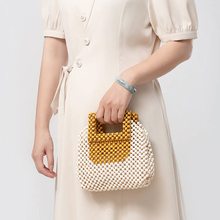 Borsa a mano quadrata con perline di legno intrecciate a mano Buddha Stones