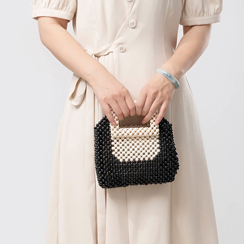 Borsa a mano quadrata con perline di legno intrecciate a mano Buddha Stones