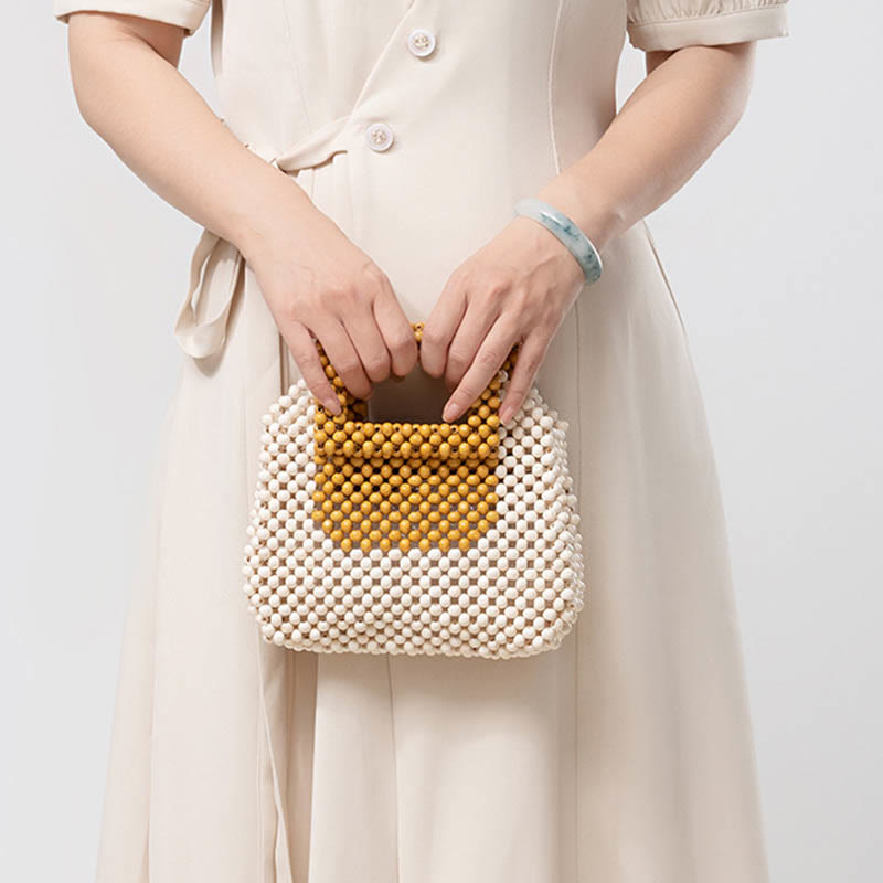 Borsa a mano quadrata con perline di legno intrecciate a mano Buddha Stones