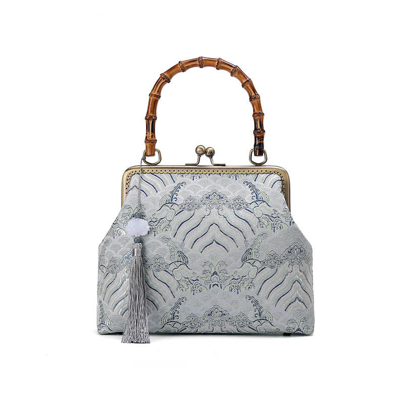 Borse a tracolla in catena di metallo con manico in bambù , Buddha Stones, linee argentate