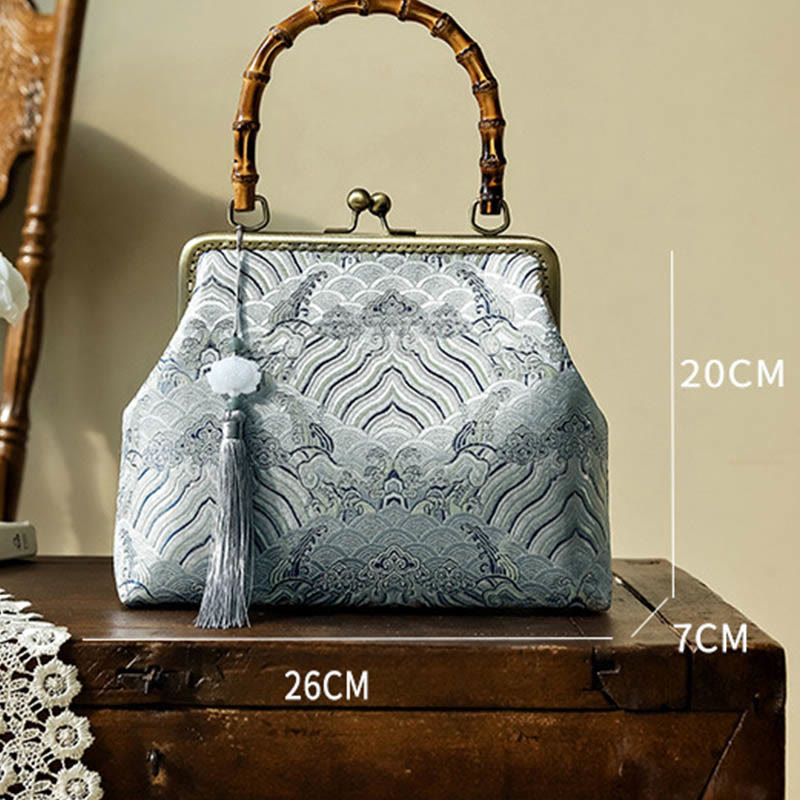 Borse a tracolla in catena di metallo con manico in bambù , Buddha Stones, linee argentate