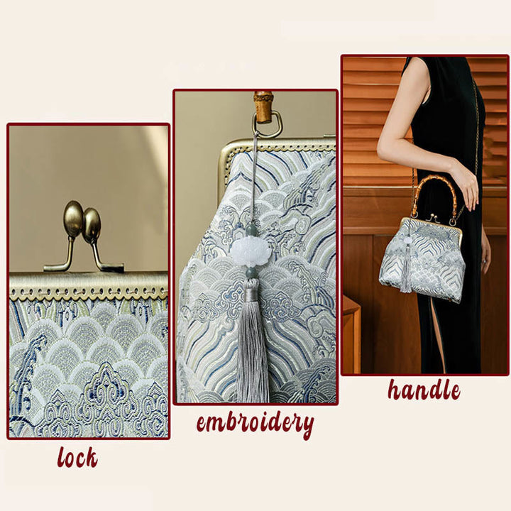 Borse a tracolla in catena di metallo con manico in bambù , Buddha Stones, linee argentate