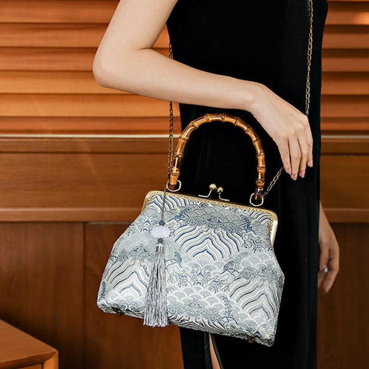 Borse a tracolla in catena di metallo con manico in bambù , Buddha Stones, linee argentate