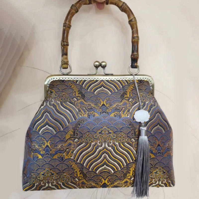 Borse a tracolla in catena di metallo con manico in bambù , Buddha Stones, linee argentate