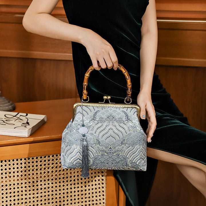 Borse a tracolla in catena di metallo con manico in bambù , Buddha Stones, linee argentate