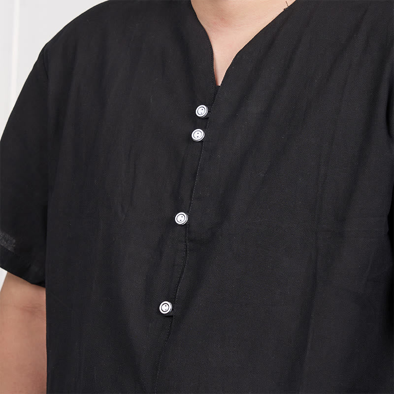 Camicia da uomo in cotone e lino con bottoni a maniche corte Buddha Stones