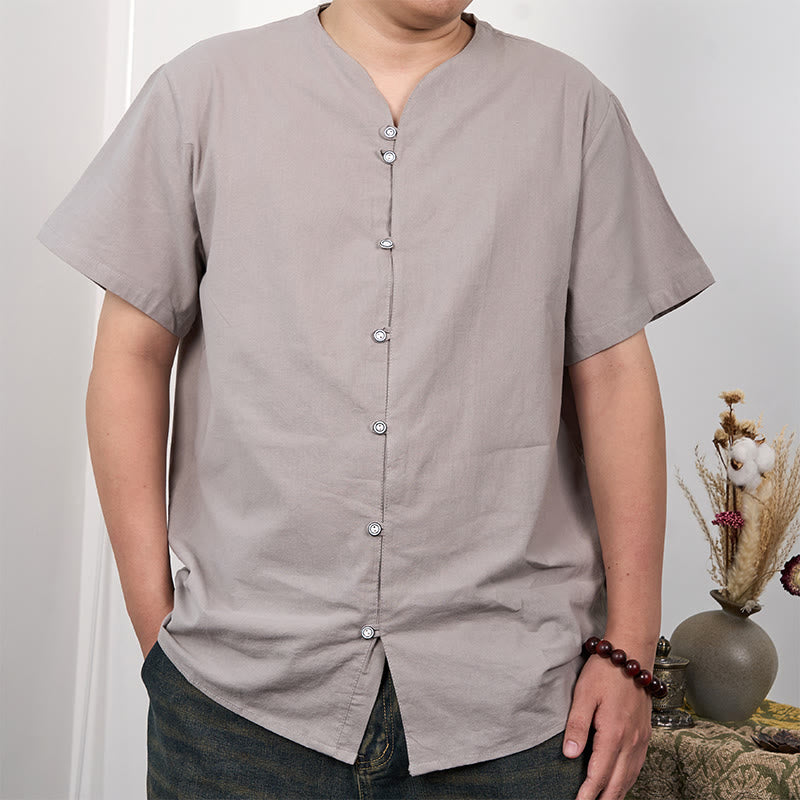 Camicia da uomo in cotone e lino con bottoni a maniche corte Buddha Stones