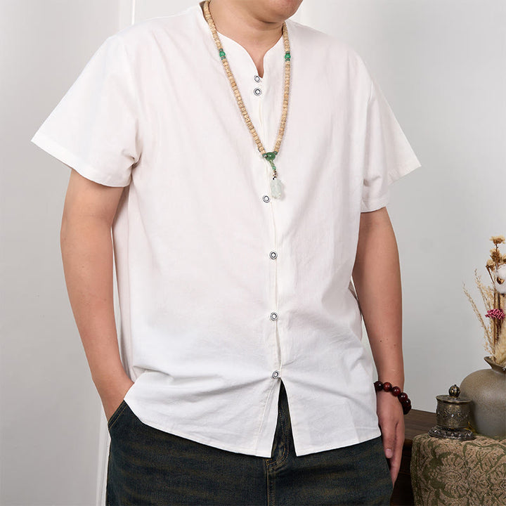 Camicia da uomo in cotone e lino con bottoni a maniche corte Buddha Stones