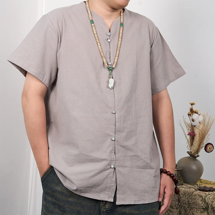 Camicia da uomo in cotone e lino con bottoni a maniche corte Buddha Stones