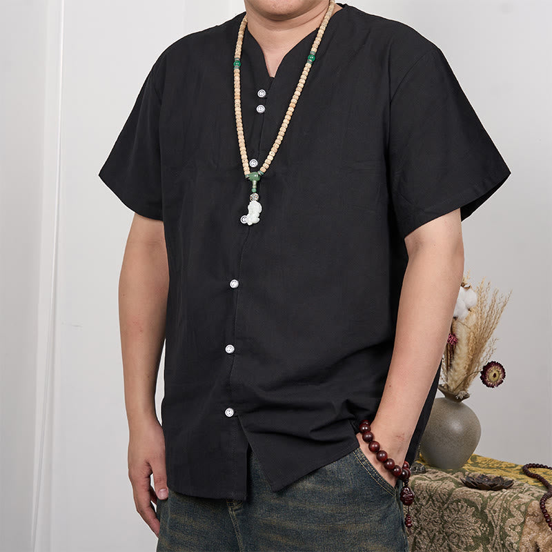 Camicia da uomo in cotone e lino con bottoni a maniche corte Buddha Stones