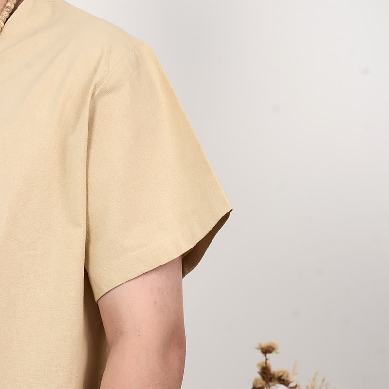 Camicia da uomo in cotone e lino con bottoni a maniche corte Buddha Stones