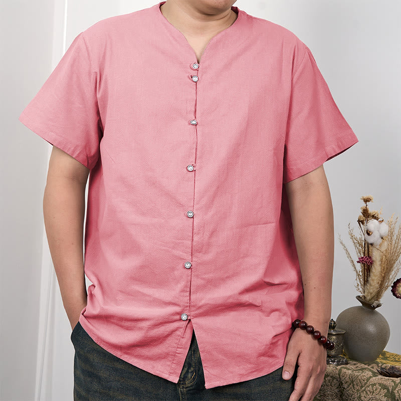 Camicia da uomo in cotone e lino con bottoni a maniche corte Buddha Stones