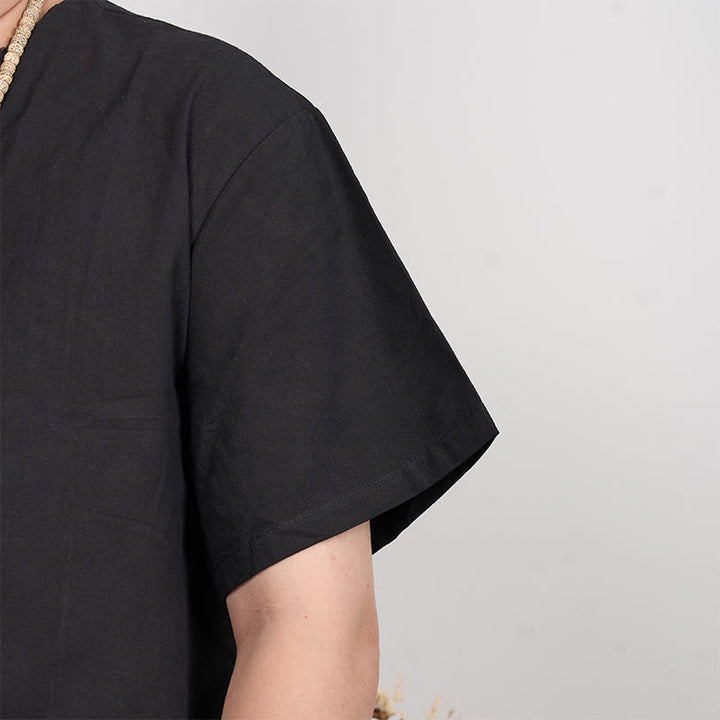 Camicia da uomo in cotone e lino con bottoni a maniche corte Buddha Stones