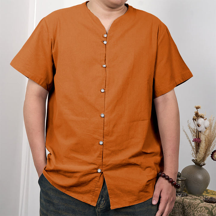 Camicia da uomo in cotone e lino con bottoni a maniche corte Buddha Stones