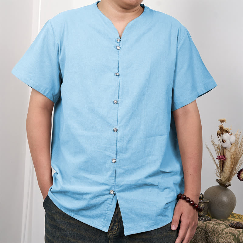 Camicia da uomo in cotone e lino con bottoni a maniche corte Buddha Stones