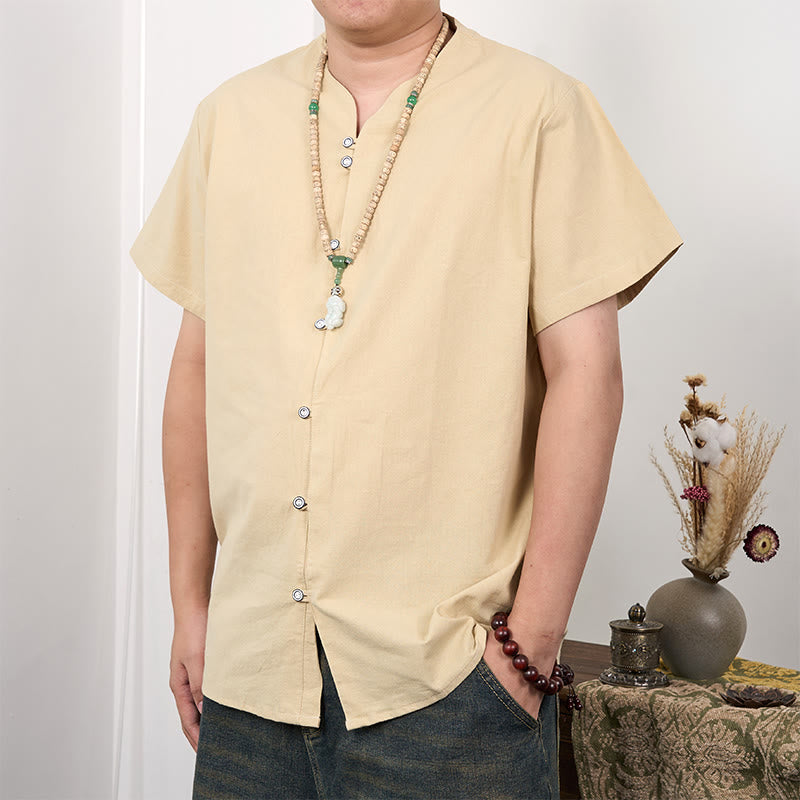 Camicia da uomo in cotone e lino con bottoni a maniche corte Buddha Stones